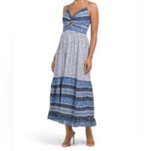 JAPNA Sz L Ruffle Hem Tiered Criss Cross Peep Bodice Spaghetti Straps Maxi Dress - Picture 1 of 12